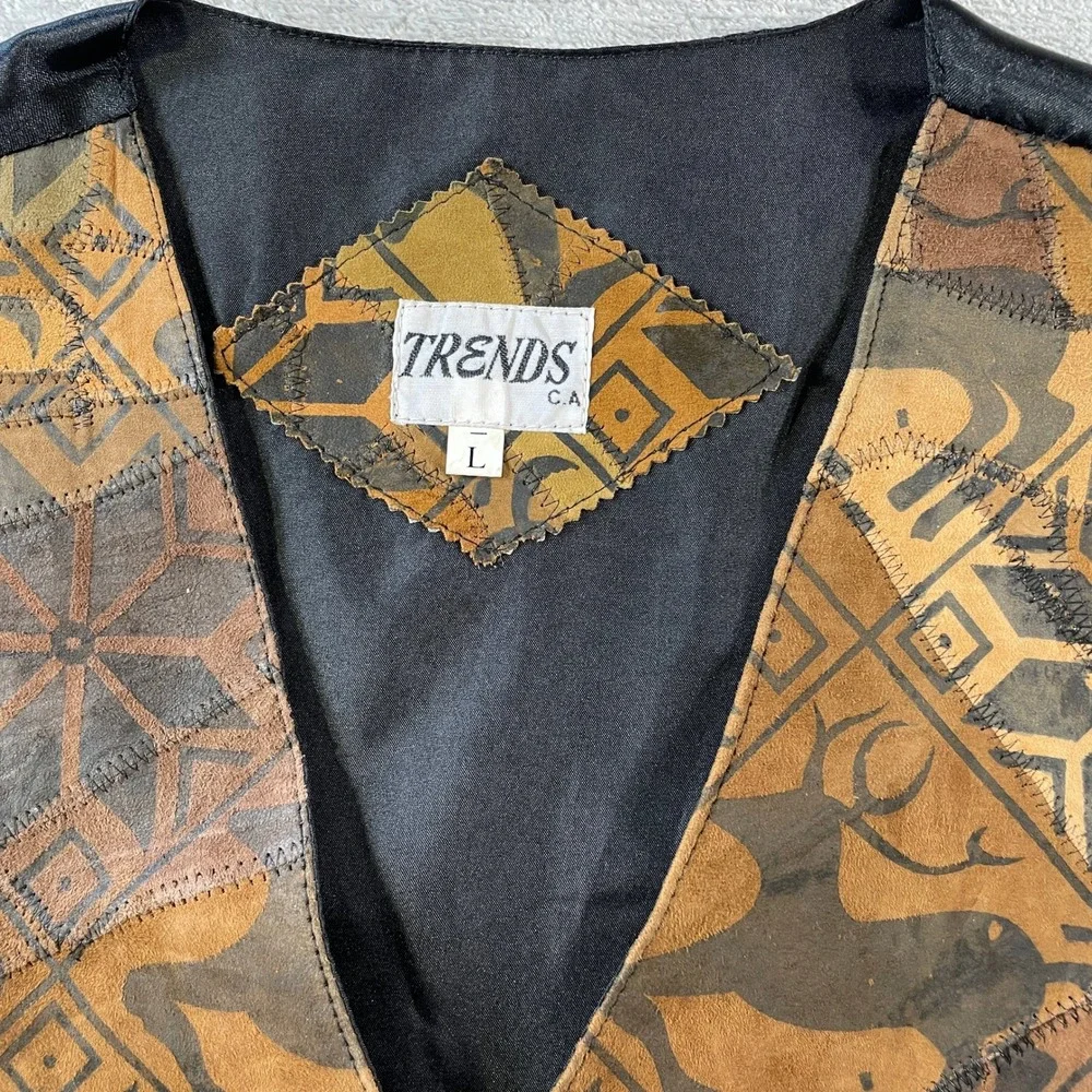 Vintage Trends Vest Large Brown Leather Holiday Patchwork Southwestern Western